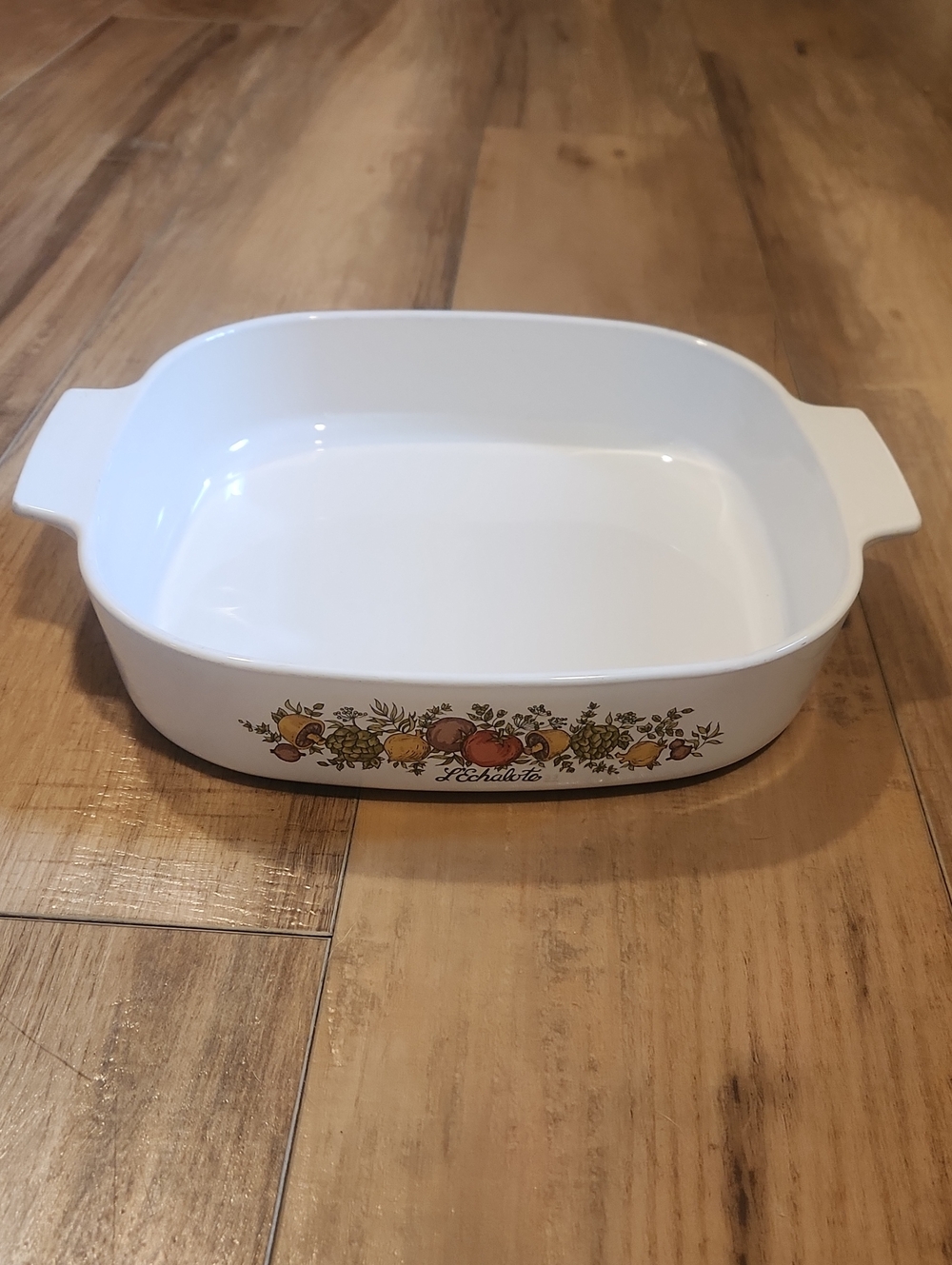 Vintage Corningware White Ceramic Casserole with Harvest Fruit Border
